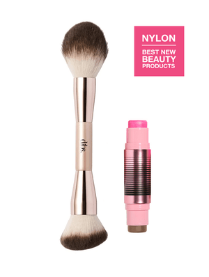 Dual-ended makeup brush and GlowTour Duo cream blush stick shown side by side