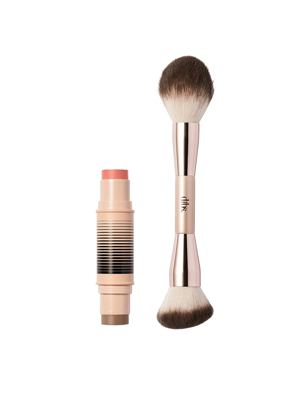 Tried & True Set duo compact with angled face brush and soft peach blush paired with light bronze