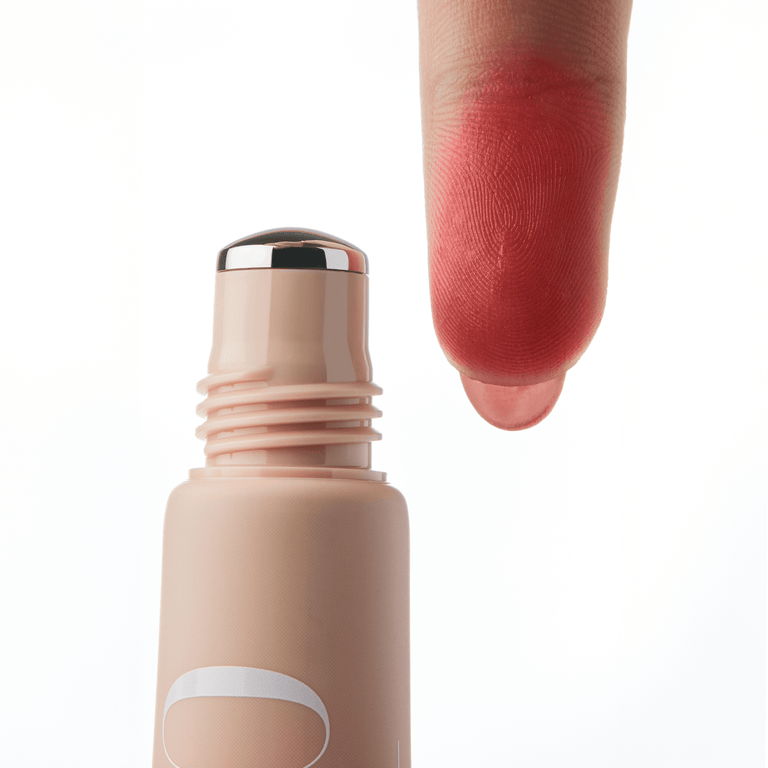 Liquid blush tube with a swatch on a finger against a white background