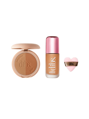Makeup products including a powder compact, highlighter bottle, and heart-shaped item with 'dibs' branding on a white background.