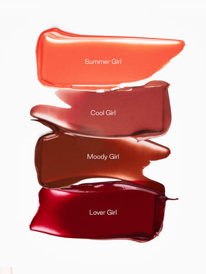 Four swatches of liquid blush labeled 'Summer Girl', 'Cool Girl', 'Moody Girl', and 'Lover Girl' on a white background.