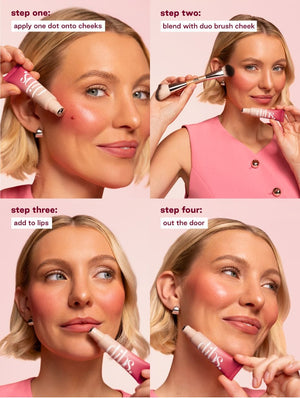 Step-by-step makeup tutorial with a woman applying Cool Blush Cheek Stain using a brush and stick on a pink background.