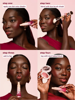 Step-by-step makeup tutorial on a pink background with a model applying Cool Blush Cheek Stain on her cheeks and lips.