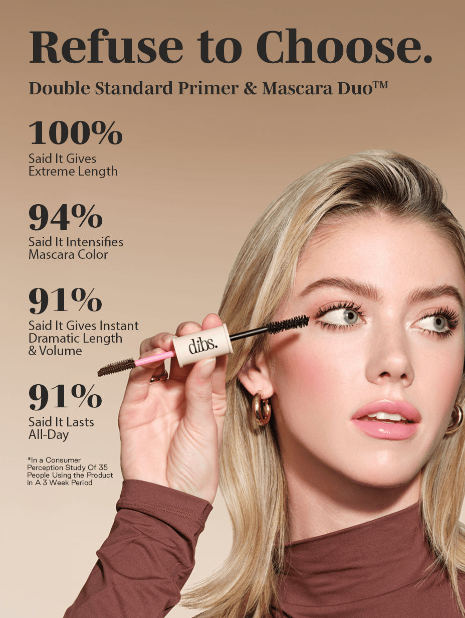 Woman applying mascara with a Dibs product, promotional text on a beige background
