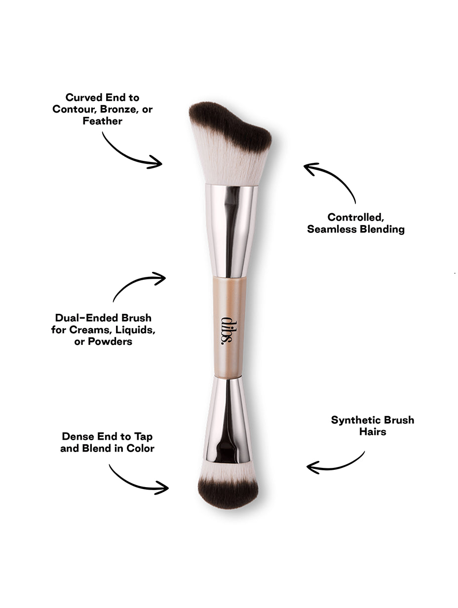 Double ended makeup brush for cheeks with features labeled on a white background