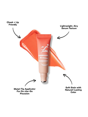 Cool Blush Cheek Stain with a shade swatch and features highlighted on a white background