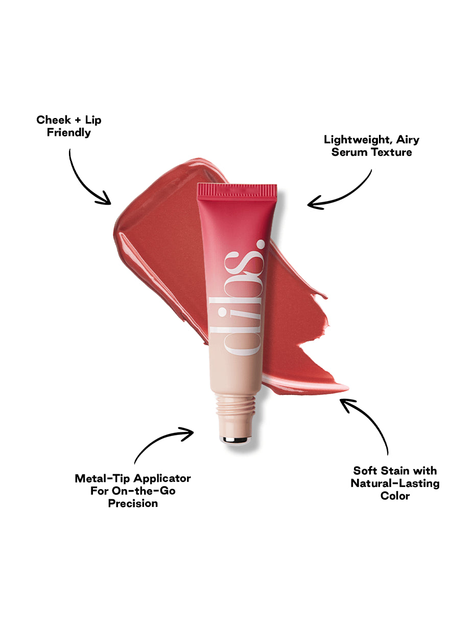 Cool Blush Cheek Stain with a shade swatch and features highlighted on a white background