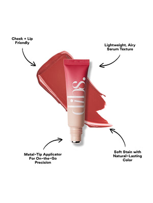 Cool Blush Cheek Stain with a shade swatch and features highlighted on a white background