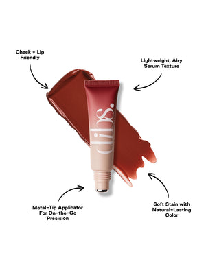 Cool Blush Cheek Stain with a shade swatch and features highlighted on a white background