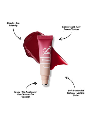 Cool Blush Cheek Stain with a shade swatch and features highlighted on a white background